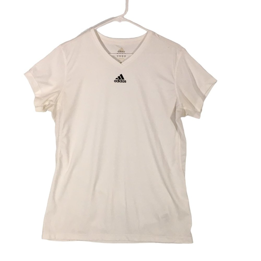 Adidas White V-Neck Short Sleeve Atheltic Shirt, Top, style p54840, Small